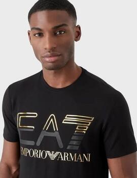 Camiseta EA7 negra logo dorado para hombre