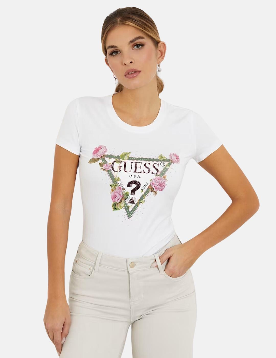 Camiseta Guess blanca Floral Triangle para mujer