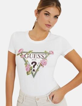 Camiseta Guess blanca Floral Triangle para mujer